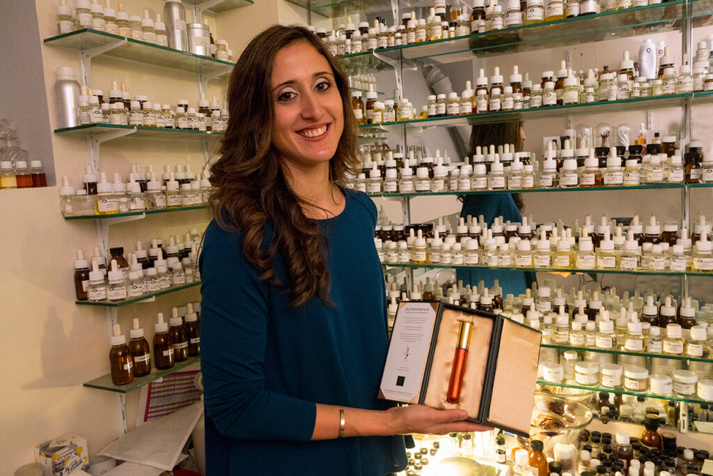 Parisian Perfumer Cécile Zarokian holds the first sample flacon of SHEIDUNA Perfume